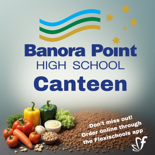 Banora Point High School Canteen logo above a table of fruits, vegetables and legumes with a reminder to order online through the Flexischools app